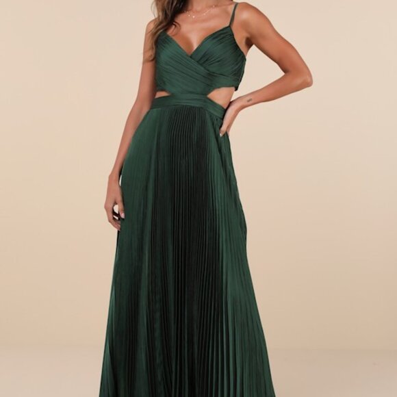 Lulus Got The Glam Emerald Green Pleated Cutout Maxi Dress - Size S - Picture 1 of 3